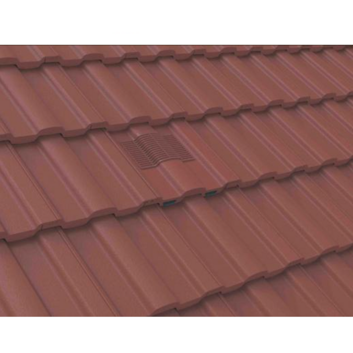 An image of Manthorpe Castellated Tile Vent in Antique Red on a roof to show the finish.