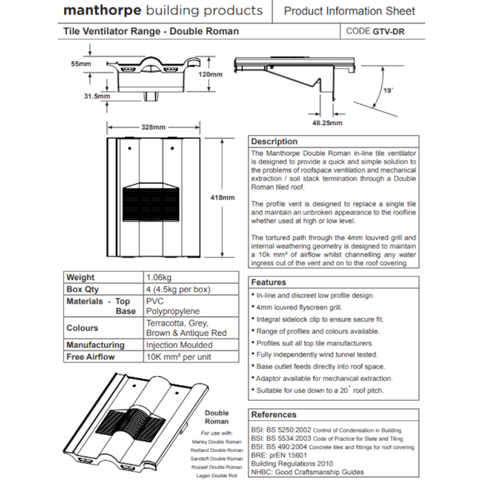 An image of the dimensions of a Manthorpe Double Roman Tile Vent.