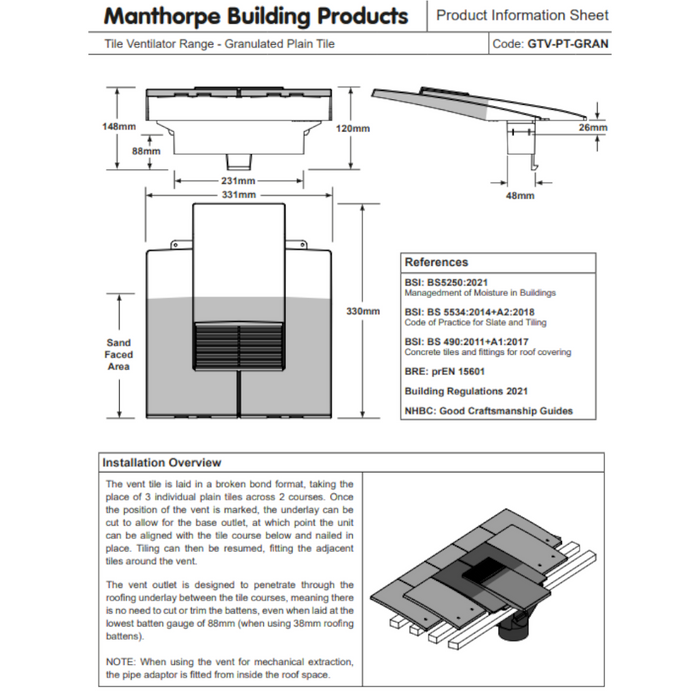 An image of the dimensions of a Manthorpe Plain granulated Tile Vent.