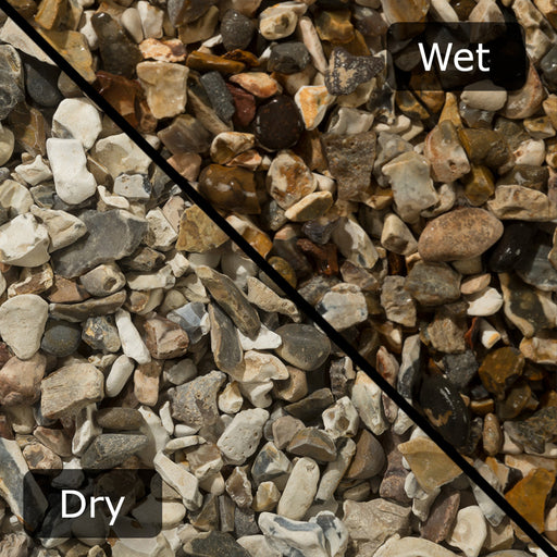 An image showing Moonstone Stone Aggregate Gravel. The image is split horizontally to sow the difference between wet and dry.