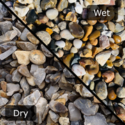 An image showing Moonstone Gravel Stone Aggregate Chippings. The image is split horizontally to sow the difference between wet and dry.