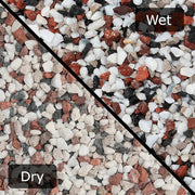 An image of Multi-Mix gravel stones with a diagonal split down showing them wet and dry