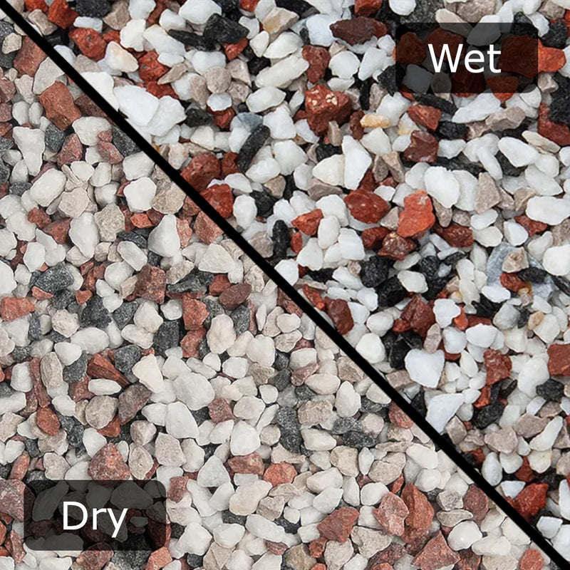An image of Multi-Mix gravel stones with a diagonal split down showing them wet and dry