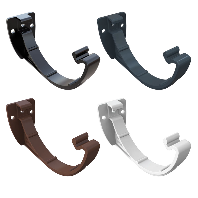 An image showing the different colours of Freefoam Freeflow 112mm Half Round Gutter Brackets.