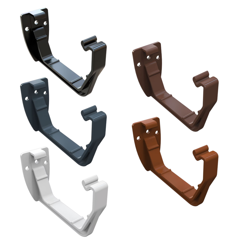 An image showing he different colours of Freefoam Freeflow 114mm Square Gutter Brackets by NBP.