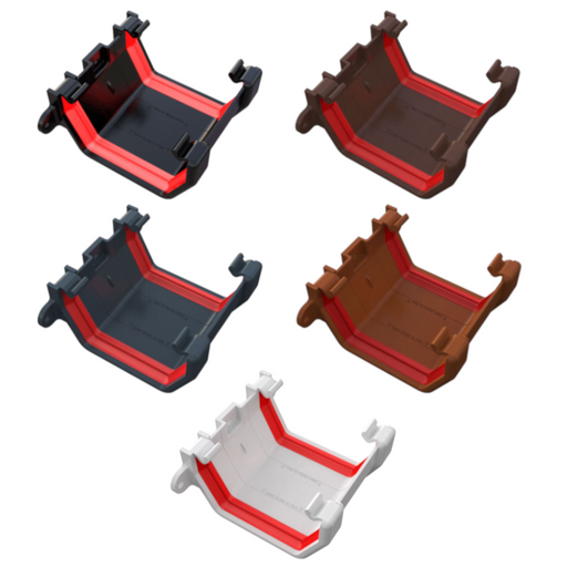 An image showing the different colours of Freefoam Freeflow 114mm Square Gutter Unions by NBP.