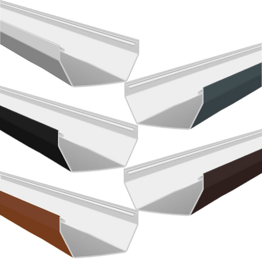 An image of the different colours of Freefoam Freeflow 114mm Square Style Plastic Guttering in 4m Lengths by NBP
