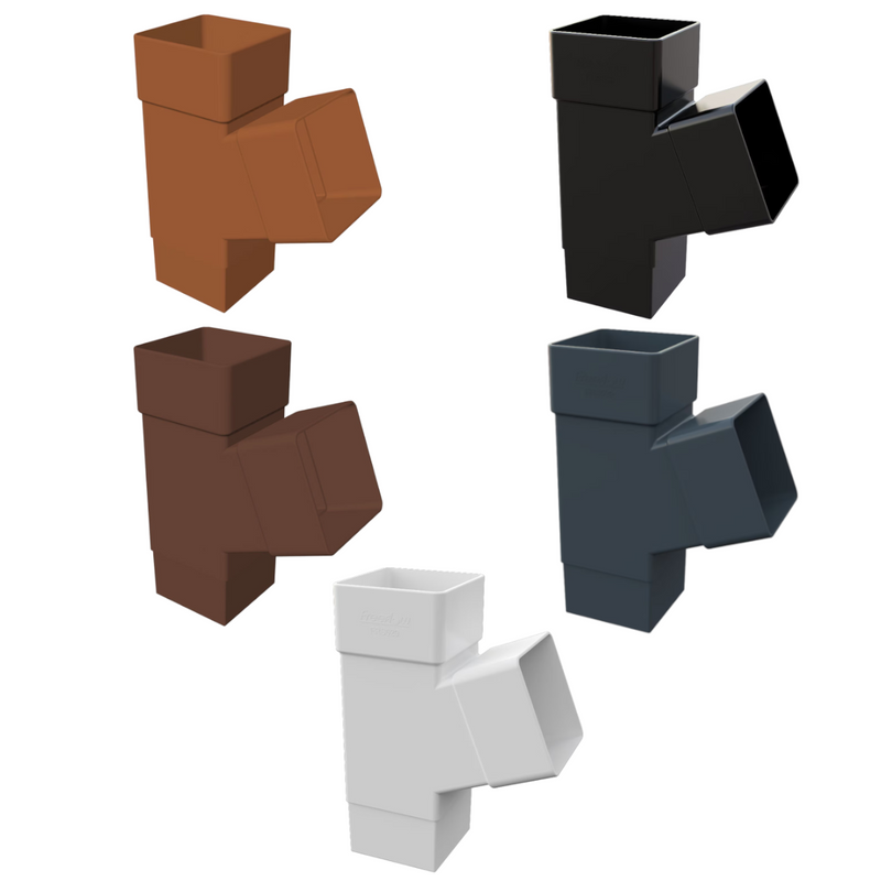 An image showing the different colours of Freefoam Freeflow 65mm square 112 Degree Branch by NBP.