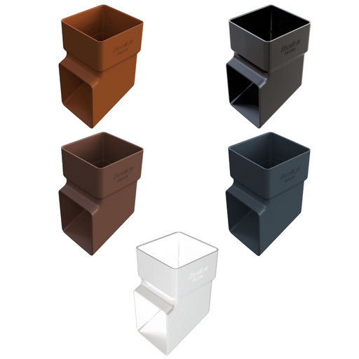 An image showing the different colours of Freefoam Freeflow 65mm square Downpipe shoes by NBP.