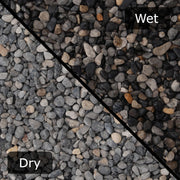 An image showing Ocean Blue Pebble Stone Aggregate Gravel. The image is split horizontally to sow the difference between wet and dry.