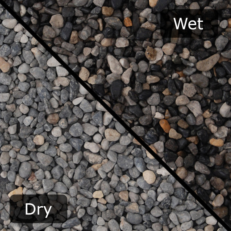 An image showing Ocean Blue Pebble Stone Aggregate Gravel. The image is split horizontally to sow the difference between wet and dry.