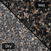 An image showing Ocean Blue Pebble Stone Aggregate Gravel. The image is split horizontally to sow the difference between wet and dry.
