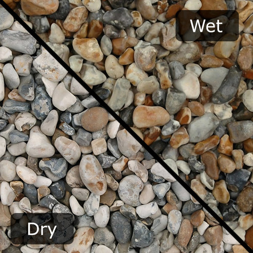 An image showing Oyster Pebble Stone Aggregate Chippings. The image is split horizontally to sow the difference between wet and dry.