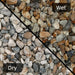 An image showing Oyster Pebble Stone Aggregate Chippings. The image is split horizontally to sow the difference between wet and dry.