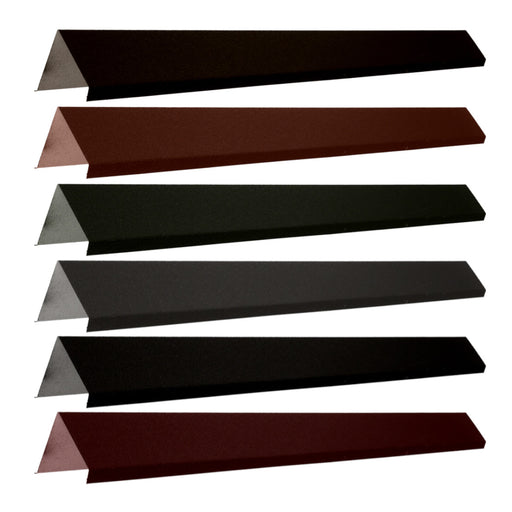 An image of the different colours of Pantile 2000 Barge Flashing. They are Antique Red Charcoal, Mid Grey, Sage Green, Terracotta and Tudor Brown