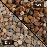 An image of Pea gravel and how they look when wet and dry