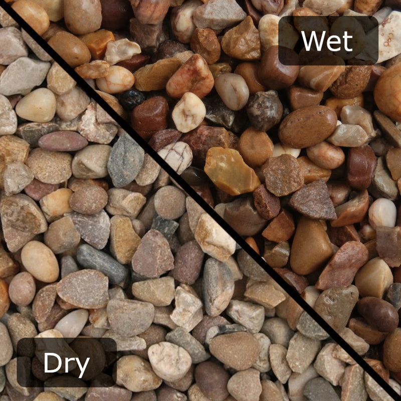 An image of Pea gravel and how they look when wet and dry