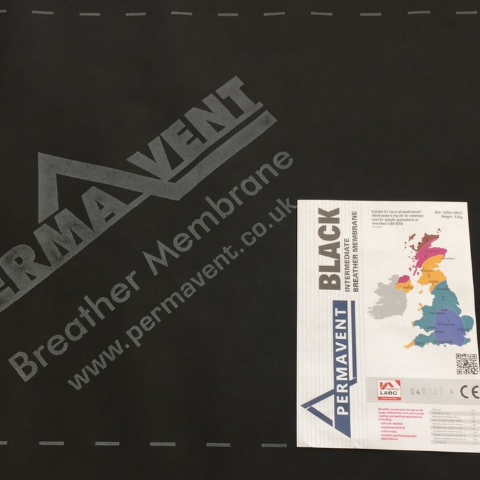 An image of a sheet of Permavent BLACK: 50m x 1m with an information sheet on it.