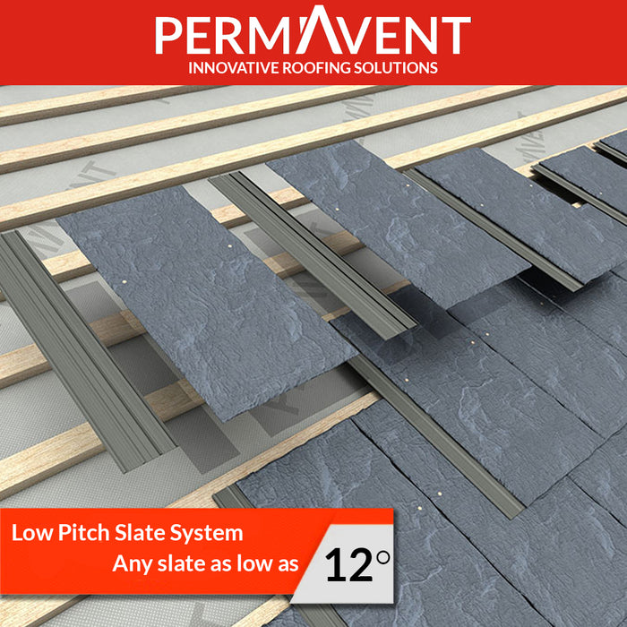 An image of Permavent Easy Slate low roof pitch system being used under a slate to show where they are fitted.