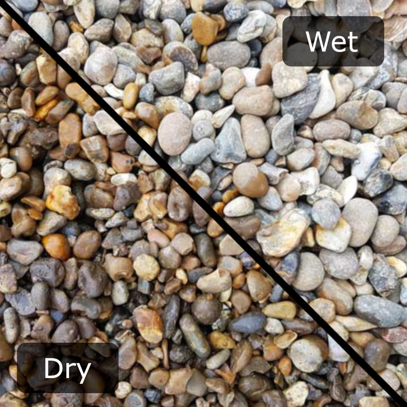 An image showing Pink Champagne Stone Aggregate Chippings. The image is split horizontally to sow the difference between wet and dry.