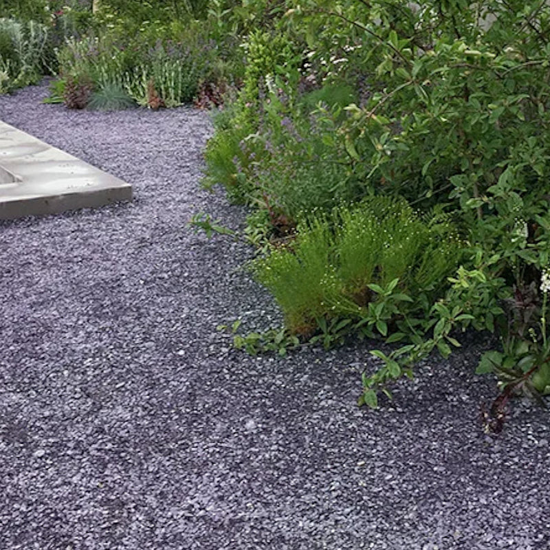 An image showing Plum Slate Path 0-12mm Stone Aggregate Chippings when laid in a garden as a walk way