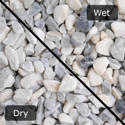 An image of Polar White garden Stones and what they look like when Wet and dry