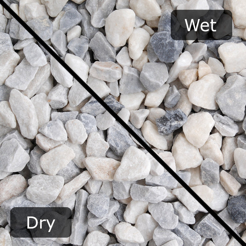 An image of Polar White garden Stones and what they look like when Wet and dry