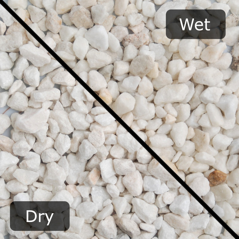 An image of Polar White Garden stones and what they look like when wet and dry
