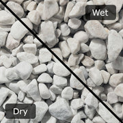 An image of Polar White gravel stones with a diagonal split down showing them wet and dry