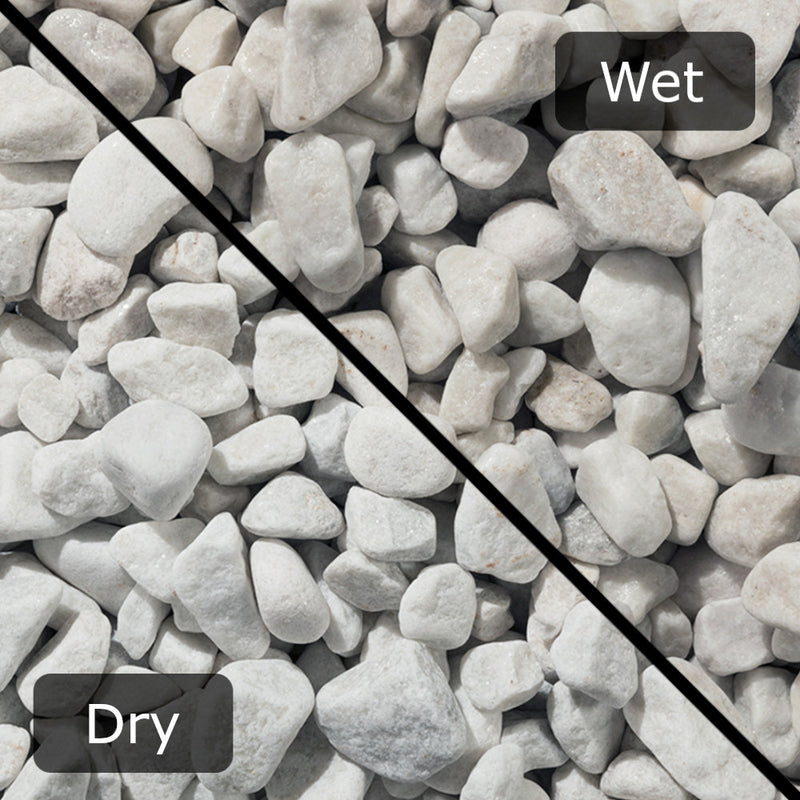 An image of Polar White gravel stones with a diagonal split down showing them wet and dry