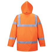 An image showing the back of a Portwest Hi Vis in Orange Waterproof Jacket in Orange. RT30 High Visibility Coat 