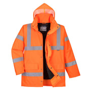 An image showing the front of a Portwest Hi Vis in Orange Waterproof Jacket in Orange. RT30 High Visibility Coat 