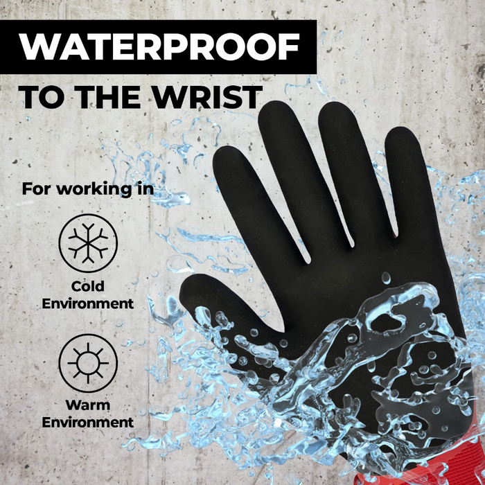 An image of Red Predator Atlantic Watersafe Latex Waterproof Gloves with features around usage in the warm and cold