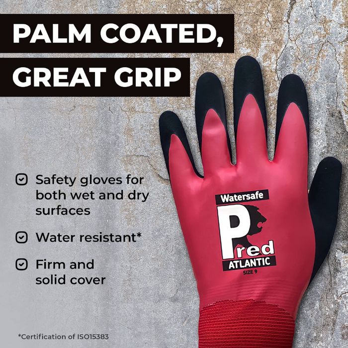 An image of Red Predator Atlantic Watersafe Latex Waterproof Gloves with features around Waterproofing