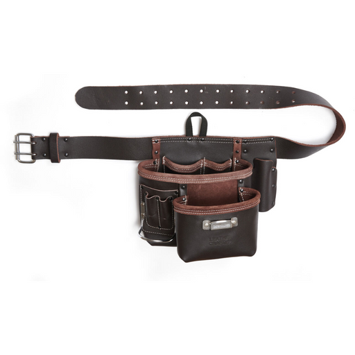 Image of a builders tool belt with a nail pouch. It is brown / tan leather with a double notched belt.