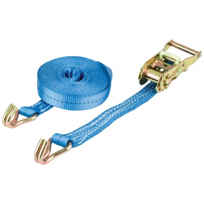 An image of a Ratchet Strap in Blue that shows  the mechanisms 