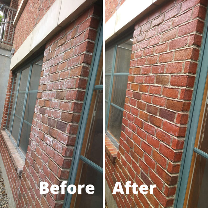 An image of a wall with the before and after using Resiblock Efflorescence Remover on it.