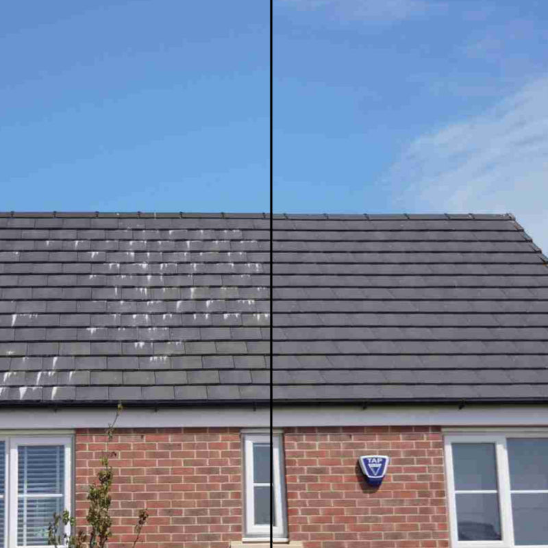 An image of a roof with the before and after using Resiblock Efflorescence Remover on it.