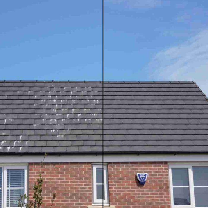 An image of a roof with the before and after using Resiblock Efflorescence Remover on it.