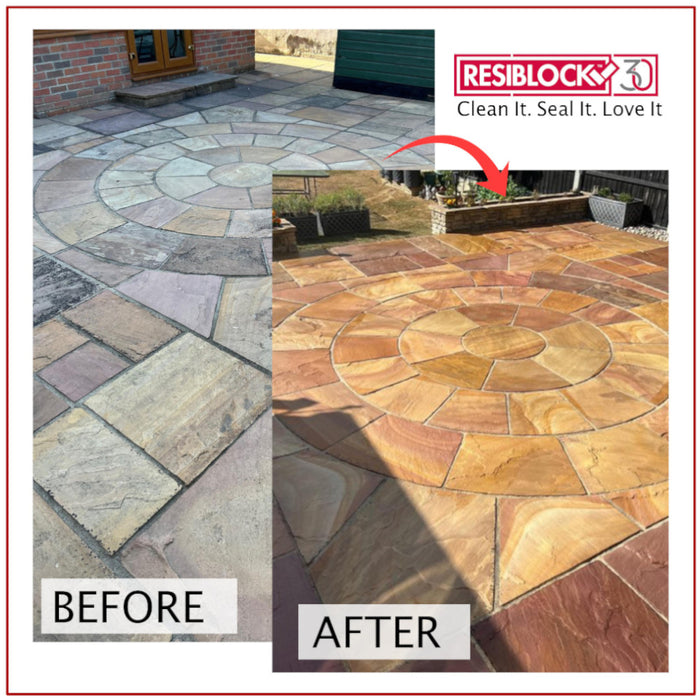 An image of the before and after using Resiblock Indian Sandstone Sealer, Colour Enhancer in a 5L.