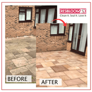 An image of the before and after using Resiblock Indian Sandstone Sealer, Invisible on a patio.