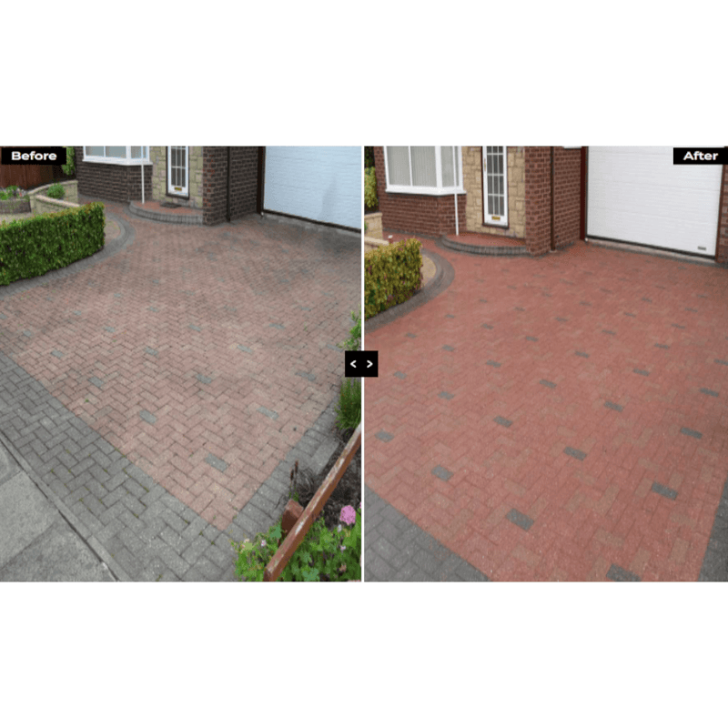 An image of the before and after using Resiblock Indian Sandstone Sealer, Invisible on a patio.