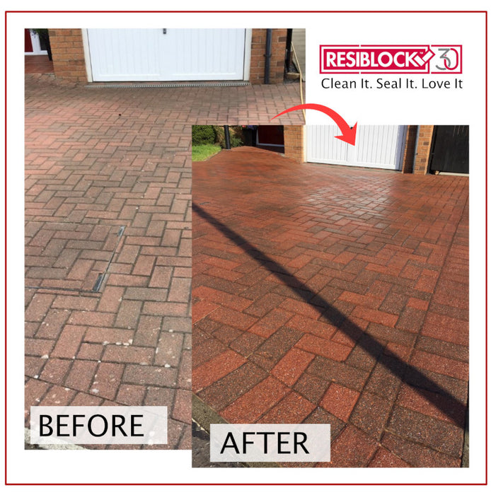 An image the before and after use of Resiblock Block Paving Sealer Superior Gloss 