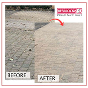 A before and after image of Resiblock Trade All Purpose Paving Sealer being used on a driveway.