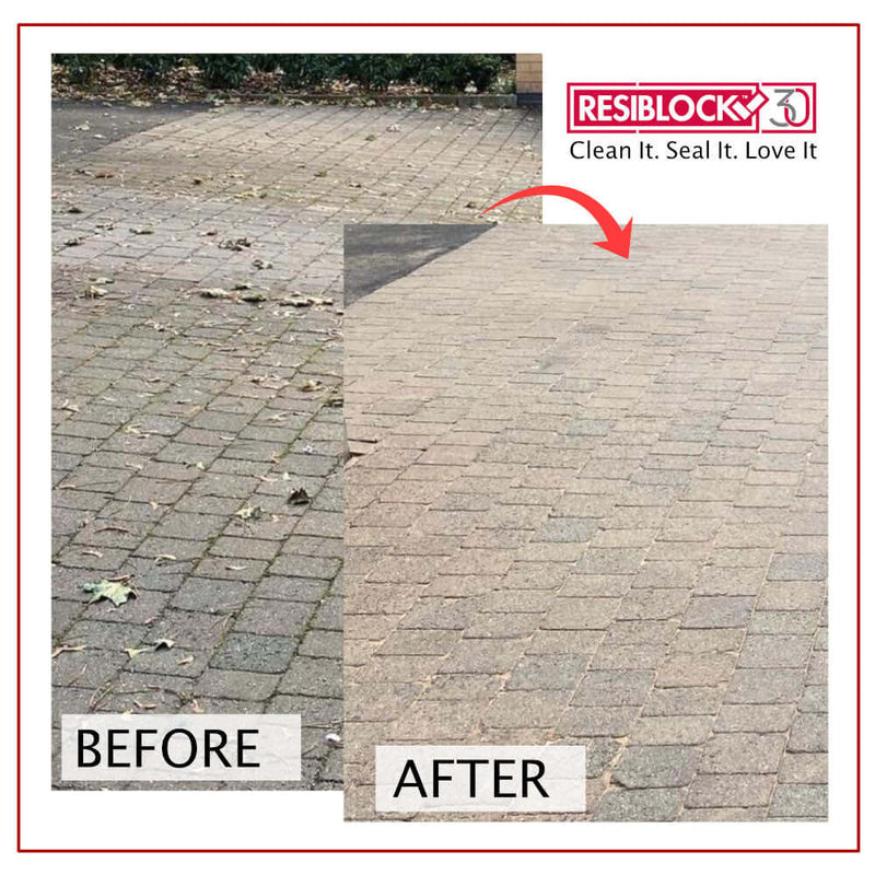 A before and after image of Resiblock Trade All Purpose Paving Sealer being used on a driveway.