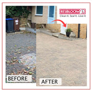A before and after image of Resiblock Trade All Purpose Paving Sealer being used on a driveway.