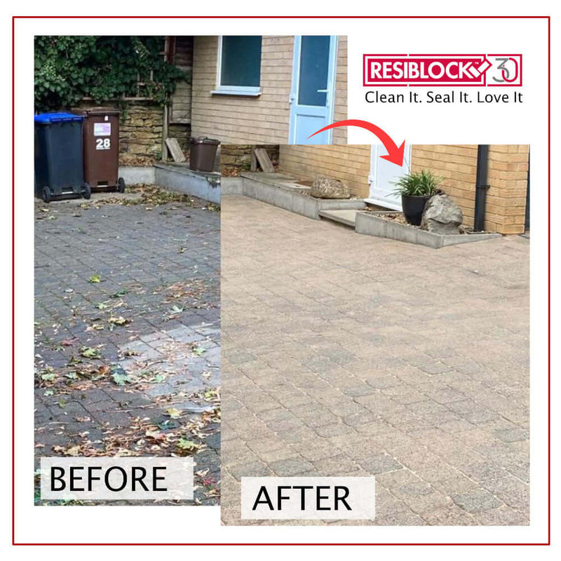 A before and after image of Resiblock Trade All Purpose Paving Sealer being used on a driveway.