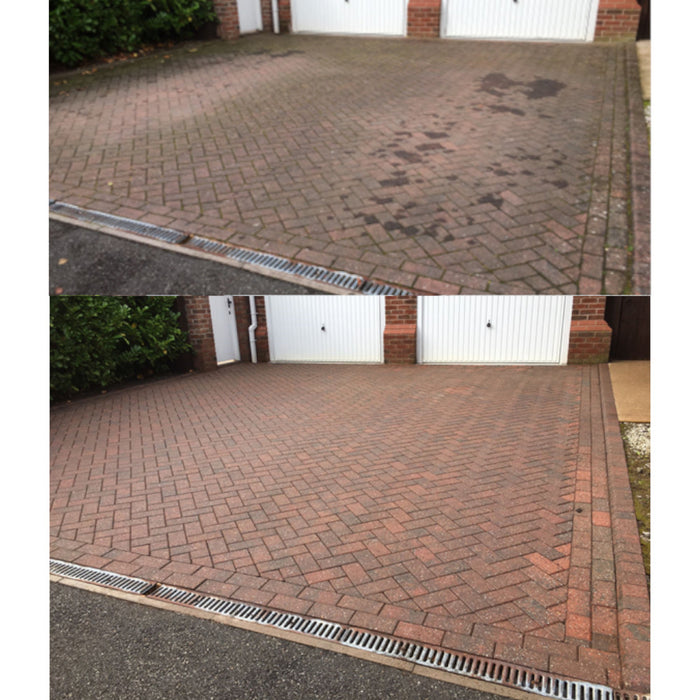 A before and after image of block paving that has an Oil stain and then also once it has been treated by Resiblock Oil Remover.