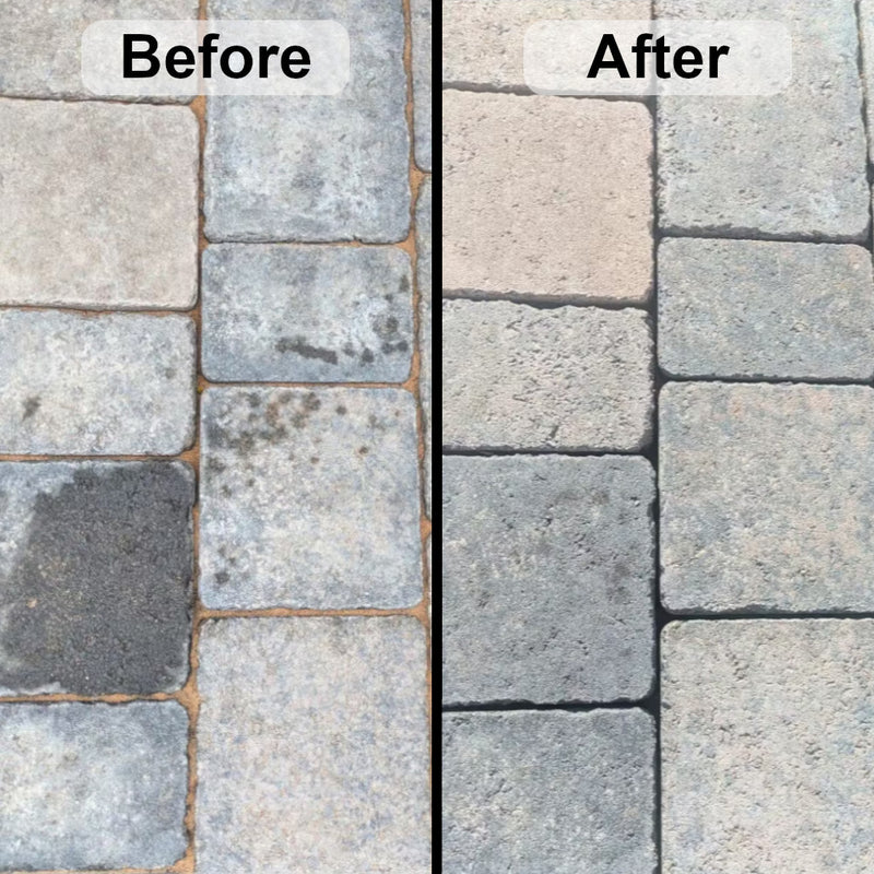 A before and after photo of Resiblock before and after Oil remover being used to clean some oil away from stained paving blocks