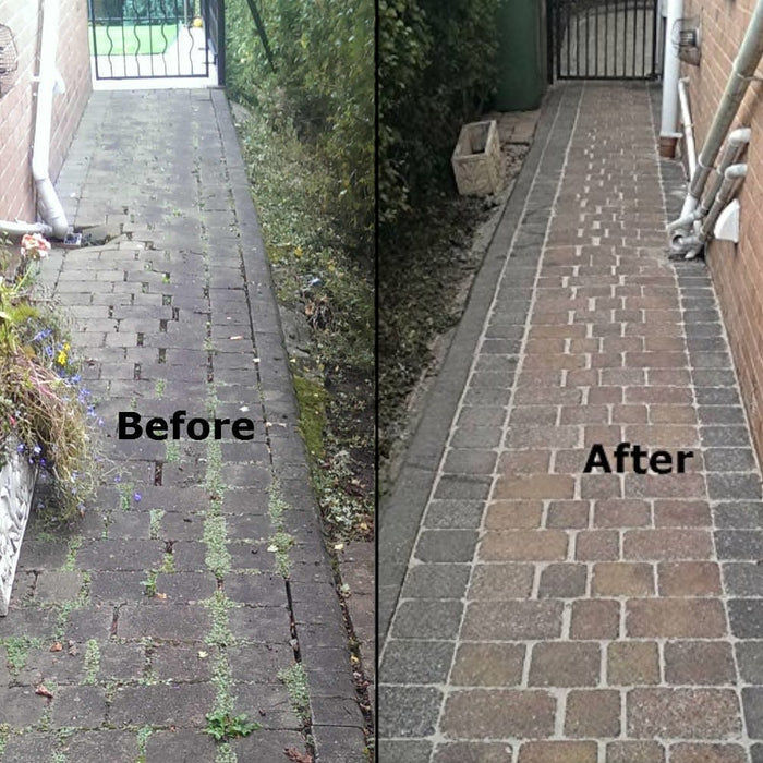 An image of a before and after Resiply resiDUAL Part A and B has been used to fill in the gaps in block paving.